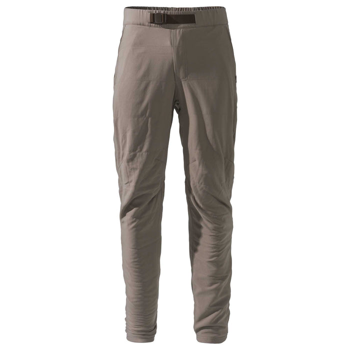 Taupe quilted pants with an elastic waistband and integrated dark brown web belt.