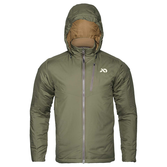 Olive green hooded insulated jacket with a full front zipper and a zippered chest pocket.