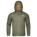Olive green hooded insulated jacket with a full front zipper and a zippered chest pocket.