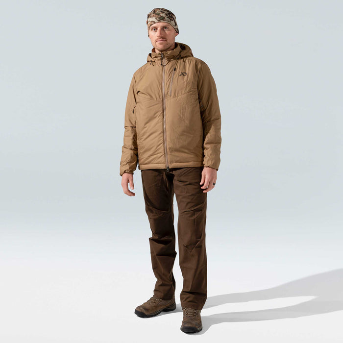 Coyote brown hooded insulated jacket with a full front zipper, a left chest zip pocket, and a dark logo.