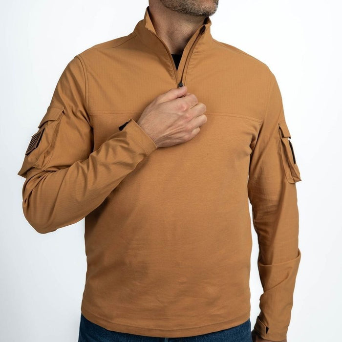 Brown long-sleeve shirt worn by a person on a white background