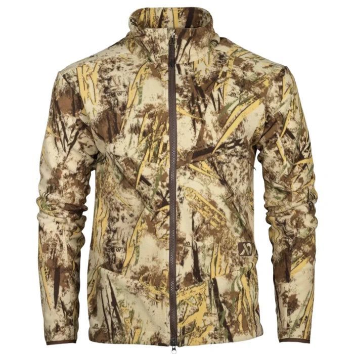 Full-zip fleece jacket in tan, brown, and yellow-green marsh camouflage, with a stand-up collar and two zippered hand pockets.