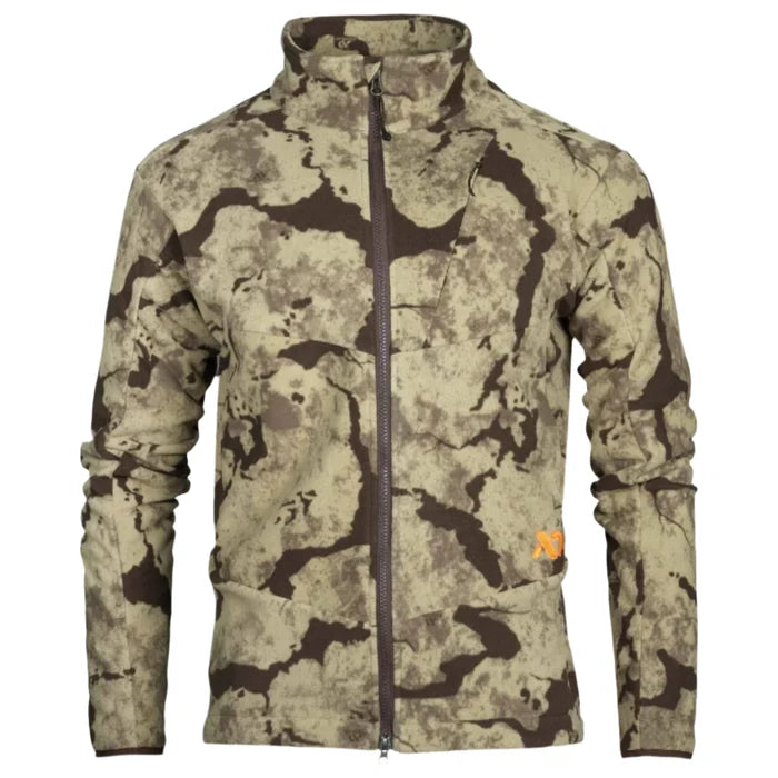 Tan and brown camouflage full-zip fleece jacket with a stand-up collar, zippered breast pocket, and orange logo.