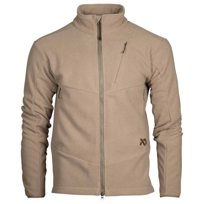 Tan full-zip fleece jacket with a stand collar, diagonal zippered chest pocket, side zippered pockets, and a brown logo.