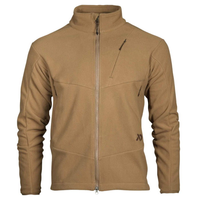 Tan fleece jacket with a full-zip front, stand-up collar, and a diagonal zippered chest pocket.