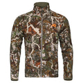 Full-zip jacket in a multi-tone camouflage pattern of green, brown, and white, with a grey zipper and an orange logo on the left chest.