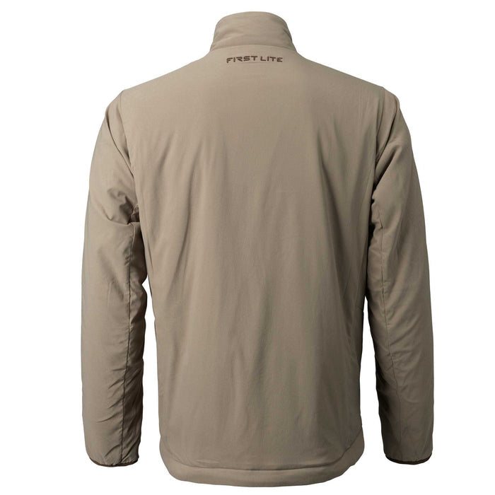 Back view of a khaki First Lite jacket with a high collar and the brand logo on the upper back.