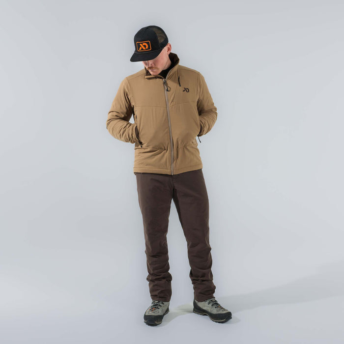 Tan full-zip jacket with a high collar, zippered pockets, and a black chest logo.