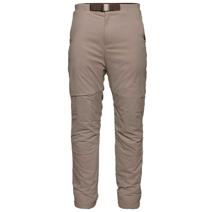 Taupe padded outdoor pants with an integrated dark brown web belt and a small black logo on the right hip.