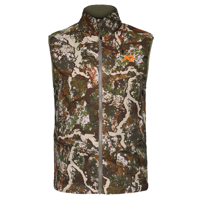First Lite Specter camouflage hunting vest featuring a full gray zipper, stand-up collar, orange First Lite logo, and zippered side pockets.