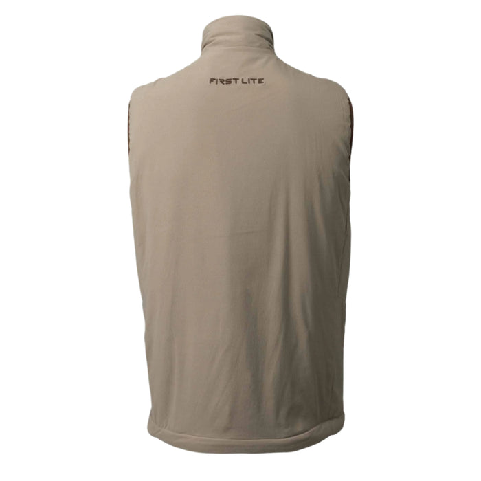 Back view of a tan sleeveless vest with a high collar and "FIRST LITE" embroidered on the upper back.