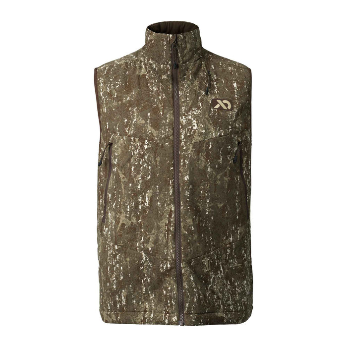 A mottled brown and green camouflage full-zip vest with a stand-up collar, chest logo, and zippered chest and hand pockets.