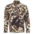 Long-sleeve quarter-zip shirt in a brown, tan, and green camouflage pattern, with a grey zipper and an orange logo on the left chest.