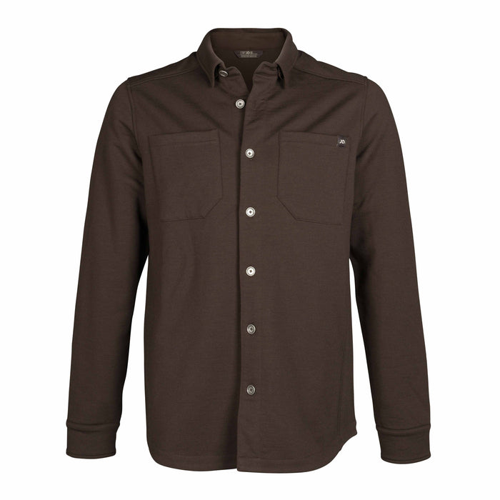 Dark brown long-sleeved shirt with a button-down collar, silver-toned buttons, and two chest pockets with a logo on the left.