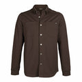 Dark brown long-sleeved shirt with a button-down collar, silver-toned buttons, and two chest pockets with a logo on the left.