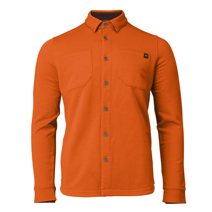 An orange long-sleeve button-up shirt with a pointed collar, two chest pockets, and a small black square logo patch on the left chest, shown on a plain white background.
