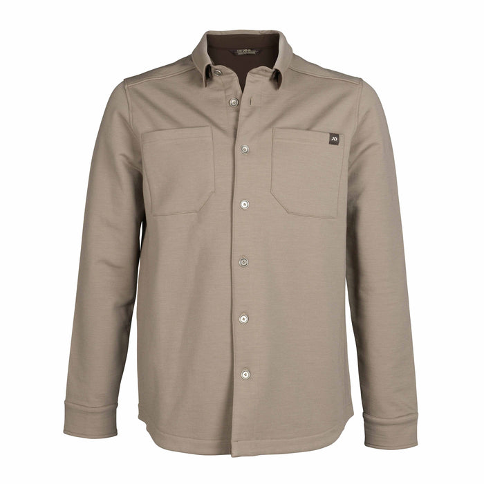 Taupe long-sleeved button-down shirt with a dark inner collar, two chest pockets, and a small logo on the left pocket.