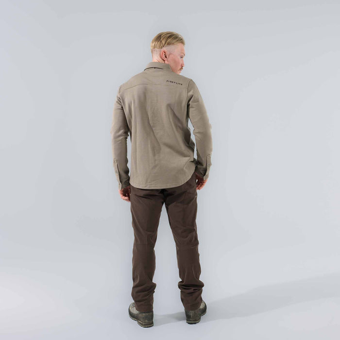 Tan collared long-sleeve shirt with "FIRST LITE" logo on the back.