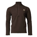Dark brown long-sleeve quarter-zip shirt with a stand-up collar, quilted left chest panel, and a small gold-tan logo on the right chest.