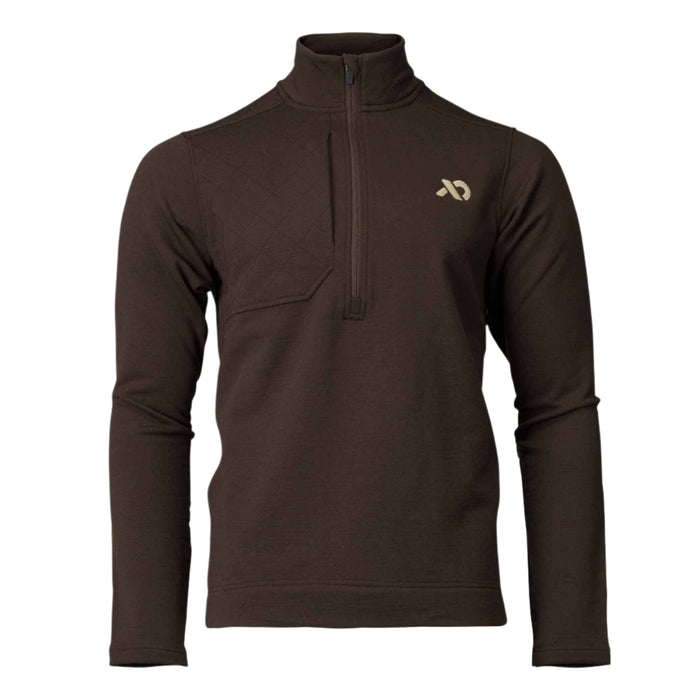 Dark brown long-sleeve quarter-zip shirt with a stand-up collar, quilted left chest panel, and a small gold-tan logo on the right chest.