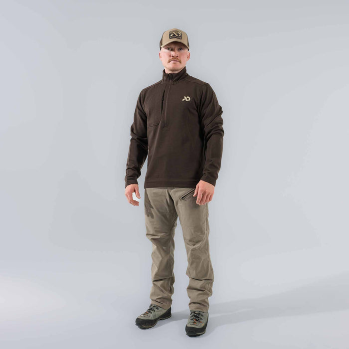 Dark brown men's quarter-zip pullover with a high collar, chest zipper pocket, and an XD logo on the left chest.