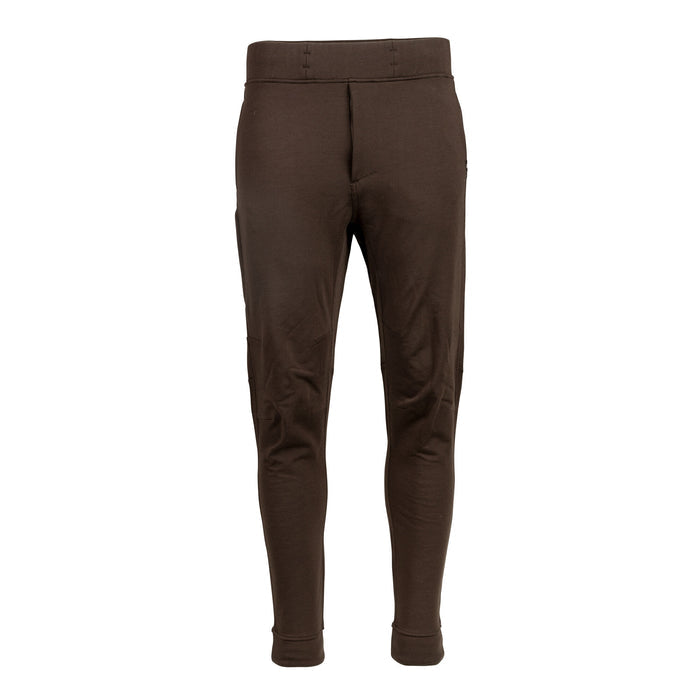 Dark brown men's joggers with an elastic waistband, a left thigh cargo pocket, and stirupp strapped ankles.