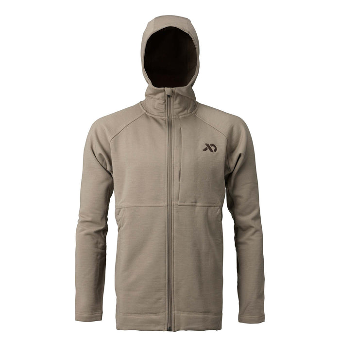 Tan full-zip hoodie with a hood and a dark logo on the left chest.