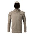 Tan full-zip hoodie with a hood and a dark logo on the left chest.