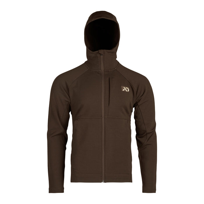 Dark brown full-zip hoodie with a vertical left chest pocket and a light-colored logo on the right chest.