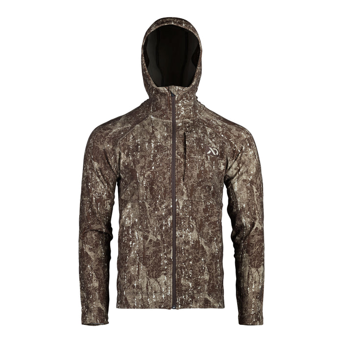 Distressed brown camouflage hooded jacket with a full-zip front and a light-colored chest logo.