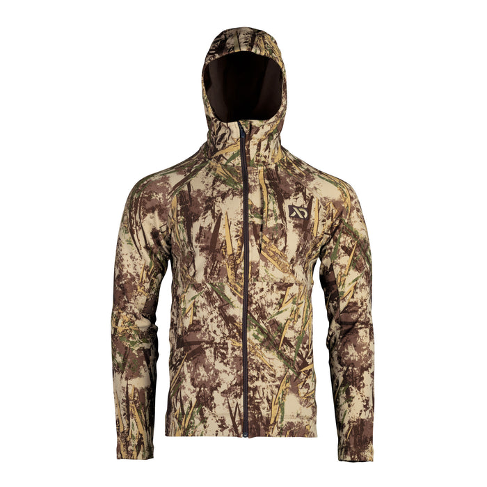 Tan, brown, and green camouflage full-zip hooded jacket with a chest logo.