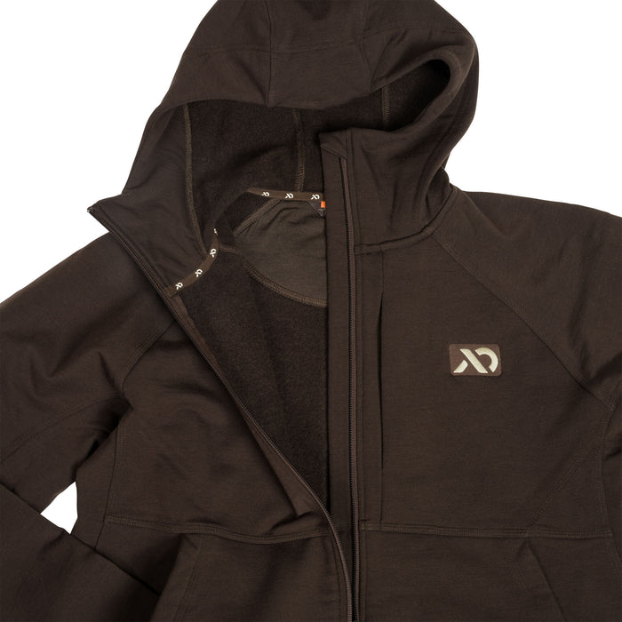 Dark brown full-zip hoodie with a hood, partially unzipped revealing fleece lining, and a light logo on the left chest.