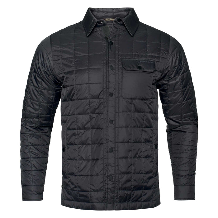 Black quilted jacket with a collar, button front, and a chest pocket featuring the 'FIRST LITE' logo.