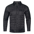 Black quilted jacket with a collar, button front, and a chest pocket featuring the 'FIRST LITE' logo.