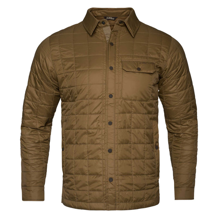 Tan quilted button-down jacket with a collar and a chest pocket featuring the 'FIRST LITE' logo.