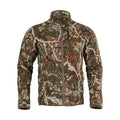 Full-zip jacket in brown, green, and tan camouflage with a high collar and orange chest logo.