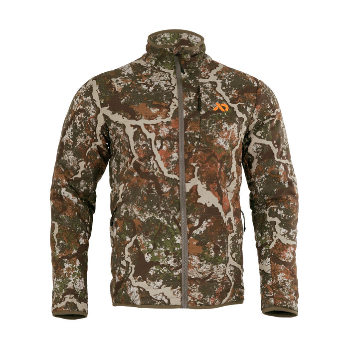 Full-zip jacket in brown, green, and tan camouflage with a high collar and orange chest logo.