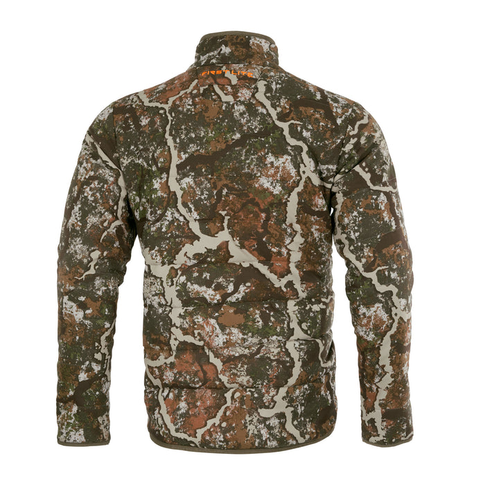 Back view of a First Lite Fusion camouflage insulated jacket featuring brown, green, and light grey patterns, with an orange "FIRST LITE" logo on the back collar.