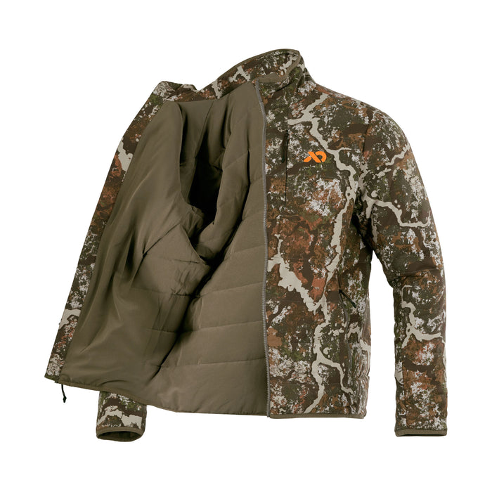 Camouflage insulated jacket with an orange logo and visible olive green quilted lining.