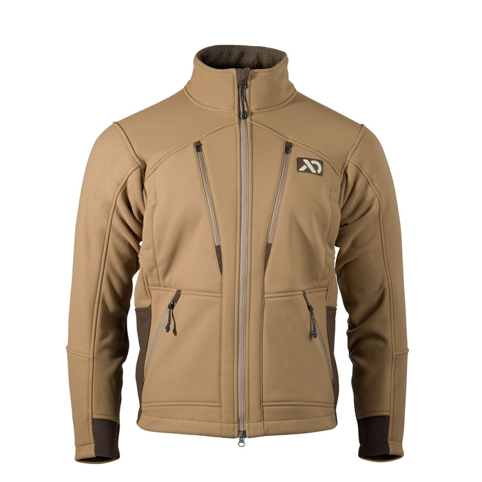 Tan full-zip jacket with a fleece-lined stand collar, two angled chest zip pockets, two lower zip pockets, and an XKG logo on the left chest.