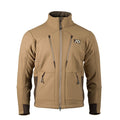 Tan full-zip jacket with a fleece-lined stand collar, two angled chest zip pockets, two lower zip pockets, and an XKG logo on the left chest.