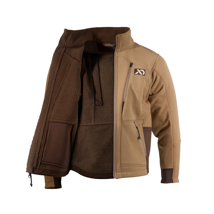 Tan full-zip jacket with dark brown fleece lining, a zippered chest pocket, and an 'AX' logo on the left chest.