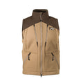 Tan and brown two-tone full-zip vest with a fleece-lined collar, four zippered pockets, and a chest logo.