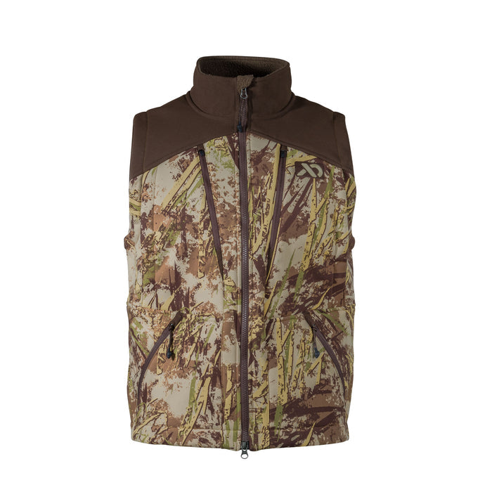 Brown and reeds-camouflage hunting vest with a full zipper, fleece-lined stand-up collar, and three zippered pockets.