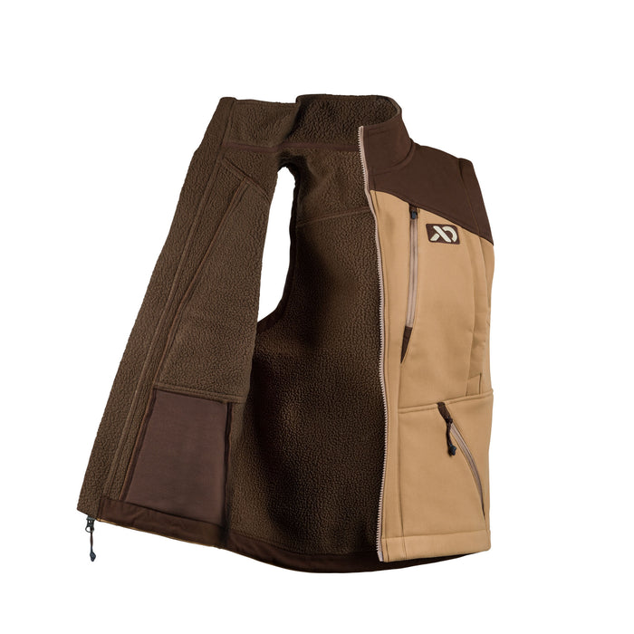 Tan and dark brown full-zip vest with a standing collar, chest logo, zippered pockets, and fleece lining.
