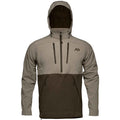 Two-tone khaki and dark brown hooded pullover jacket with a half-zip, fleece lower, multiple zippered pockets, and a chest logo.