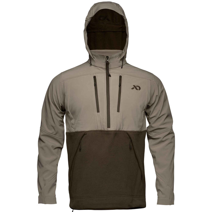 Two-tone khaki and dark brown hooded pullover jacket with a half-zip, fleece lower, multiple zippered pockets, and a chest logo.