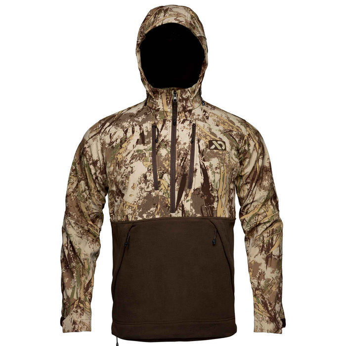 Two-tone hooded pullover with a brown camouflage upper, dark brown fleece lower, quarter-zip, and multiple zippered pockets.