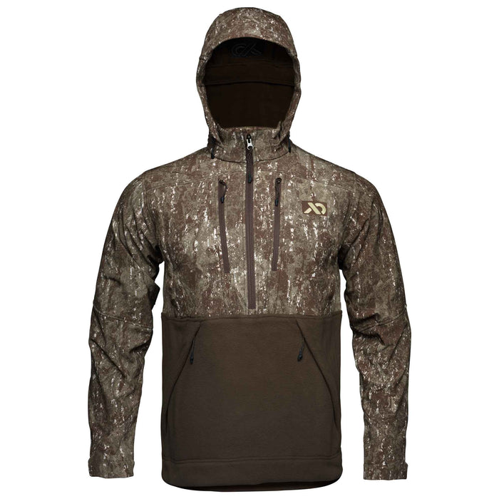 A hooded pullover with a brown camouflage upper and dark brown fleece lower, featuring a half-zip, two zippered chest pockets, and a kangaroo pocket.