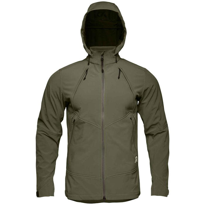 Olive green hooded jacket with a full front zipper, zippered chest and hand pockets, and a white logo on the right side.